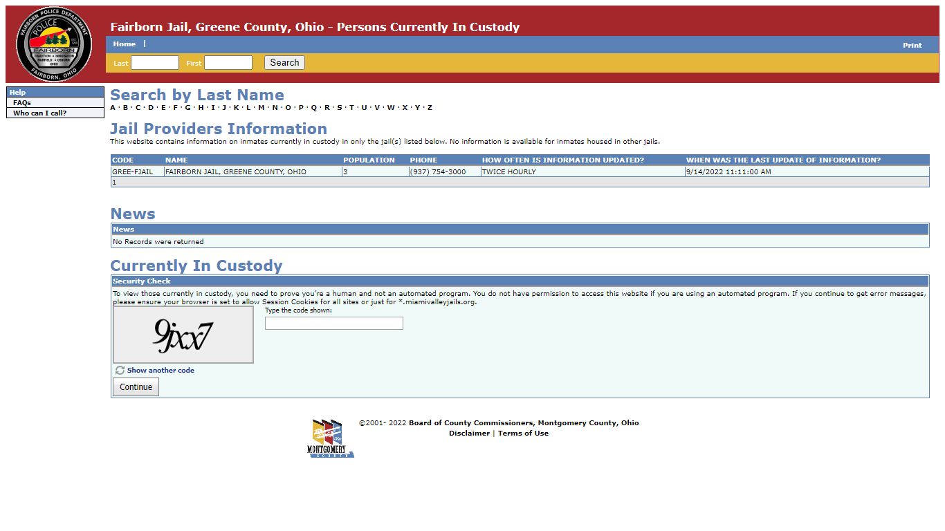 Fairborn Jail, Greene County, Ohio - Persons Currently In Custody